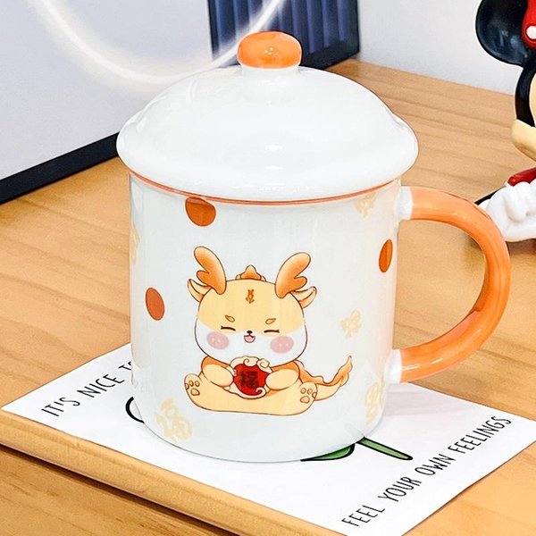 Prezent Uroczy KreskóWkowy Chciwy NiedźWiedź Ceramiczny Kubek Z Pokrywką Zestaw Kubek Ze ŁYżEczką Domowy Kubek Na Wodę Dla Dziewczynek 350ML-image