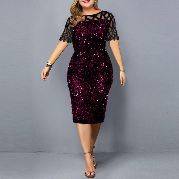 Letnia Sukienka Damska Plus Size Osobowość Cekinowa Damska Sukienka Z KróTkim RęKawem 5XL Koloru Czerwonego Wina-image