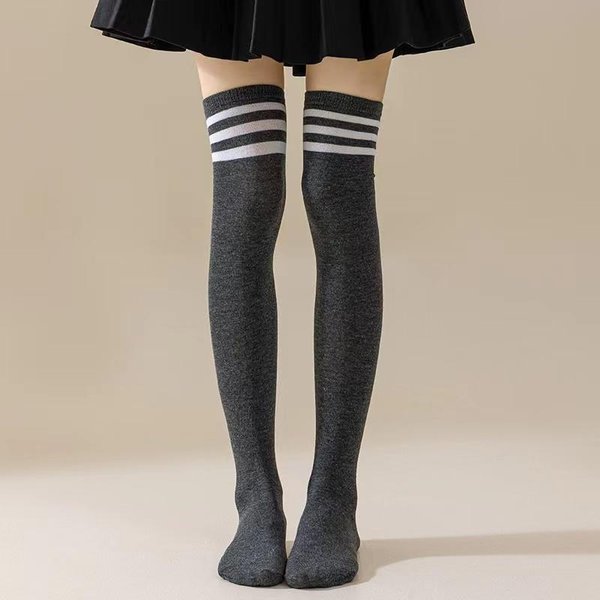 Nowa 1 Para Seksowne DłUgie Skarpety Jednokolorowe Pasiaste Damskie Nad Kolano Do Uda Nad Kolano PońCzochy Panie Dziewczyny CiepłE Skarpety One Size Black-image