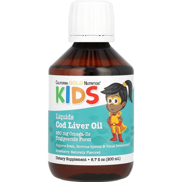 California Gold Nutrition, Norweski Olej Z WąTroby Dorsza Dla Dzieci, Naturalny Smak Truskawkowy, 6,7 Fl Oz (200 Ml)-image