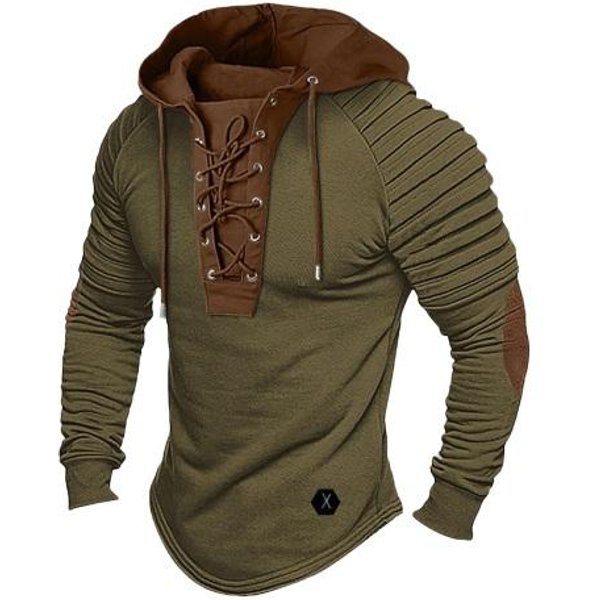 MęSka Bluza Z Kapturem Na Wiosnę, Plisowane Ramiona, Kolorowe Bloki, śCiąGany Sznurkiem, Bluza Z Kapturem, DłUgi RęKaw, Sznurowana, Retro, Codzienna Sportowa Bluza Z Kapturem M-image