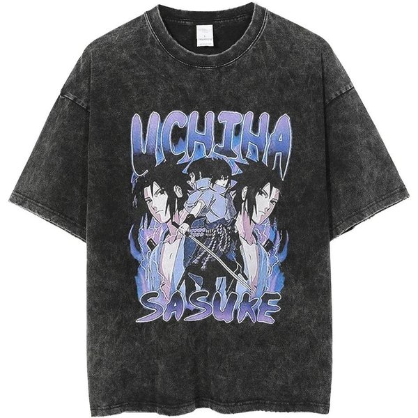 Camiseta De Manga Corta Para Hombre Naruto Anime Estampado Camiseta Vintage AlgodóN Negro Lavado Tops Holgados Camisetas Moda Harajuku Streetwear Ropa XXL Gray-image