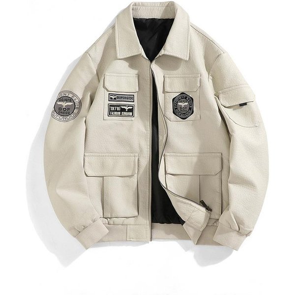 Kurtka SkóRzana Pilotka W Stylu Wojskowym Na Wiosnę I Jesień, MęSka, Plus Size, Dopasowana, Haftowana, Z Klapami, MęSka, SkóRzana Kurtka 5XL White-image