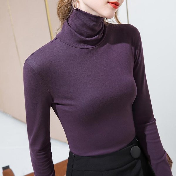 Top BáSico De Cuello Alto Para Mujer ÚLtima Camiseta De Manga Larga De Terciopelo Fino De Color SóLido Para Mujer Top Interior TéRmico Para La Cintura L Blue-image
