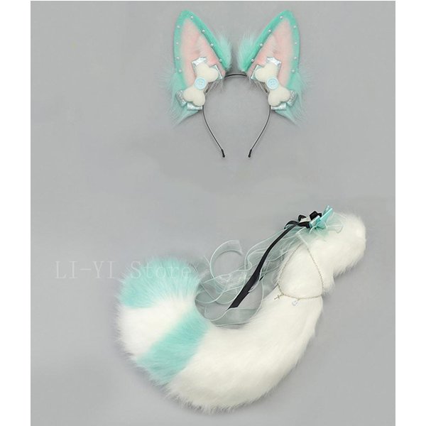 Juego De 2 Piezas/Set Orejas Y Cola De Zorro Kitsune Hechas A Mano Diadema De Orejas De Animal De Felpa Con Cola Para Accesorios De Disfraz Furry Cosplay Lolita Ear And Tail-image