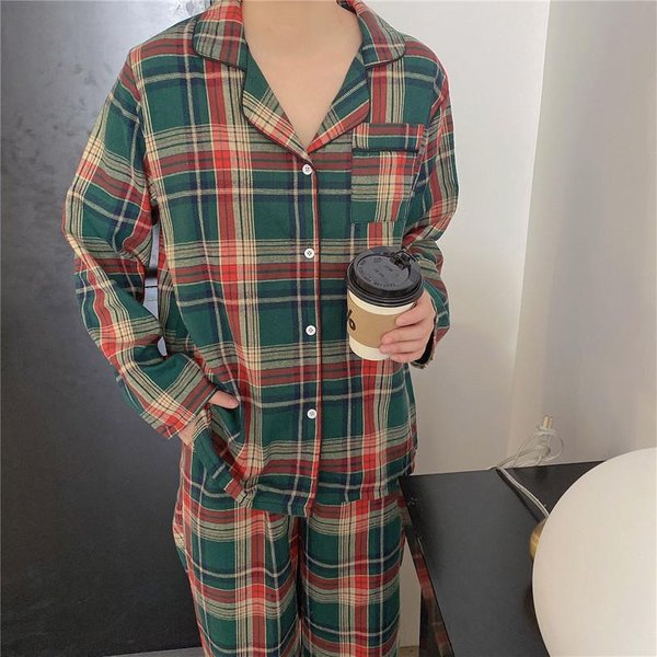 Pijama NavideñO Verde Conjunto De Pijama Para Pareja Ropa De Dormir Simple A Cuadros AlgodóN OtoñO Invierno Pijama Para Mujer Traje Manga Larga Ropa De SalóN XXL White-image