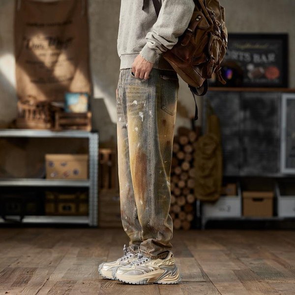 Modelos Retro Americanos De Primavera Y OtoñO Nuevos Jeans Harlan De Color Contrastante Holgados Pantalones De Hombre 33 Azul Claro-image