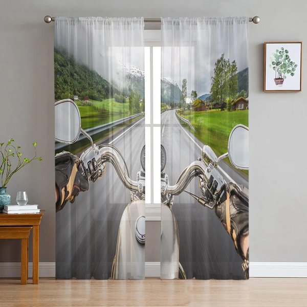Cortinas TraslúCidas Vintage De Motocicleta Para Ventana De Sala De Estar, Cortinas De Tul Para Dormitorio, Cocina, DecoracióN Del Hogar, Cortinas Voile W135 X H115Cm X1&Grommet Top-image