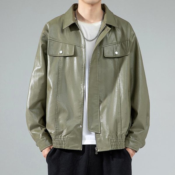 Chaqueta De Cuero Con Solapa Para Hombre OtoñO E Invierno Nueva Juventud Masculina Estilo Hong Kong Casual Holgada Chaqueta De Cuero 3XL Verde-image