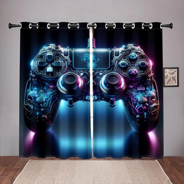Cortinas Finas Estampadas Con Mando De Juego Para Dormitorio De NiñO, DecoracióN De Sala De Juegos, Cortinas De Ventana Para Jugar A Videojuegos, Cortinas De Ventana Con Sombreado, 2 Paneles (W50H130Cm)-2Pcs&Grommet Top-image