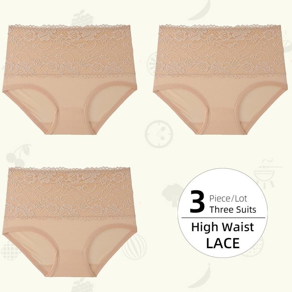 Majtki Damskie Z Wysokim Stanem Koronkowe Majtki Damskie W DużYch Rozmiarach Jednokolorowe Spodnie TróJkąTne Z Wysokim Stanem Bielizna Majtki 2XL Beige-image
