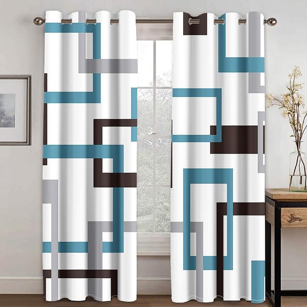 Srebrne Geometryczne Kwadratowe Czarno-BiałE ZasłOny 2 Panele Czerwony Niebieski Salon Sypialnia Kuchnia Balkon Okna Dekoracyjne ZasłOny 50W130H(Cm)X2Pcs&Hook-image