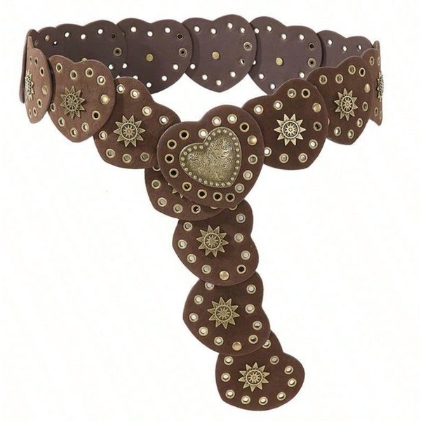 CinturóN Retro De Estilo Nicho Con Forma De CorazóN Y DecoracióN MetáLica, CinturóN De Cintura Perforado, Hebilla Ajustable 105Cm Café-image