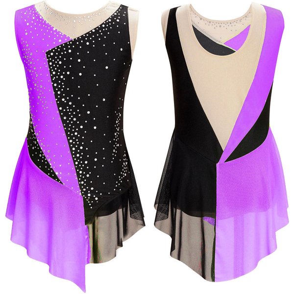 DziecięCe DziewczęCe łYżWiarstwo Figurowe Sukienka Trykotowa BłYszcząCa Rhinestone Przezroczysta Siateczka Sukienki Bez RęKawóW Na Balet Liryczny Taniec Gimnastyka 9-10 Years Fioletowy-image