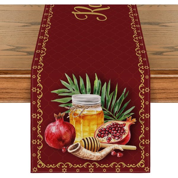 Czerwony Granat MióD Rosh Hashanah Lniany BieżNik Na Stół Kuchenny Dekoracja Shana Tova BieżNiki Dekoracja ŻYdowskiego Nowego Roku 150X33Cm Brown-image
