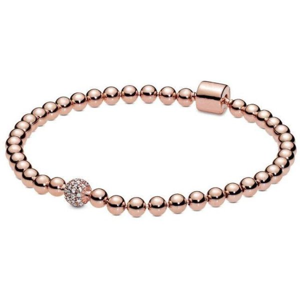 Pulsera De Plata De Ley 925 AutéNtica Con Cuentas De Oro Rosa Y Cristales Pavé Deslizantes, Brazalete Apto Para Mujeres, Abalorios, JoyeríA De Moda Diy 21Cm Beige-image