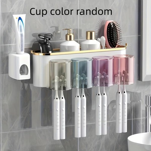 Estante Multifuncional Para Cepillos De Dientes Y Soporte Para Tazas Montado En La Pared Almacenamiento Para Pasta De Dientes Enjuague Bucal Con Exprimidor De Pasta De Dientes-image