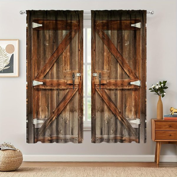 2 Szt. ZasłOny Z Wzorem Drewnianych Drzwi Dekoracyjne Draperie Okienne, Dekoracje Okienne Do Sypialni, Salonu, Dekoracja Domu, WystróJ Pokoju 135W245H(Cm)53X96In&Grommet Top-image