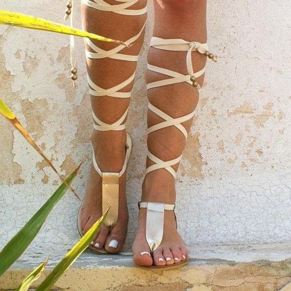 Sandalias Sexis Con Cordones Y Recortes Para Mujer, Sandalias Planas Altas Para Mujer, Zapatos De Gladiador Hasta La Rodilla Para Mujer, Sandalias De Verano Para NiñAs 42-image