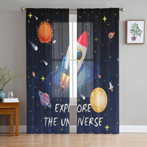 ZasłOny Przezroczyste Kosmos WszechśWiat Planeta Rakieta Do Dekoracji Salonu ZasłOny Okienne Do Kuchni Tiul Woal Organza ZasłOny W135 X H115Cm X1 Gray-image