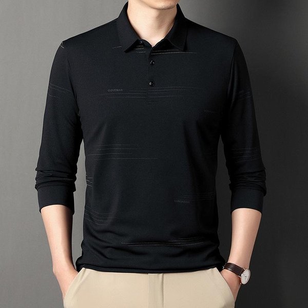 Nueva Camiseta De Manga Larga De OtoñO Para Hombre, Top Fino Con Cuello, Ropa Para Hombre Papá, Camisa Polo Rayada En El Cuello Xxxxl Black-image
