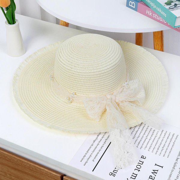 Sombrero De Paja Con Lazo De Encaje Para Mujer En Verano, Sombrero De Sol De Estilo FrancéS Con Ala Ancha, Sombrero De Sol Para Playa Y Vacaciones En La Playa One Size Blanco-image