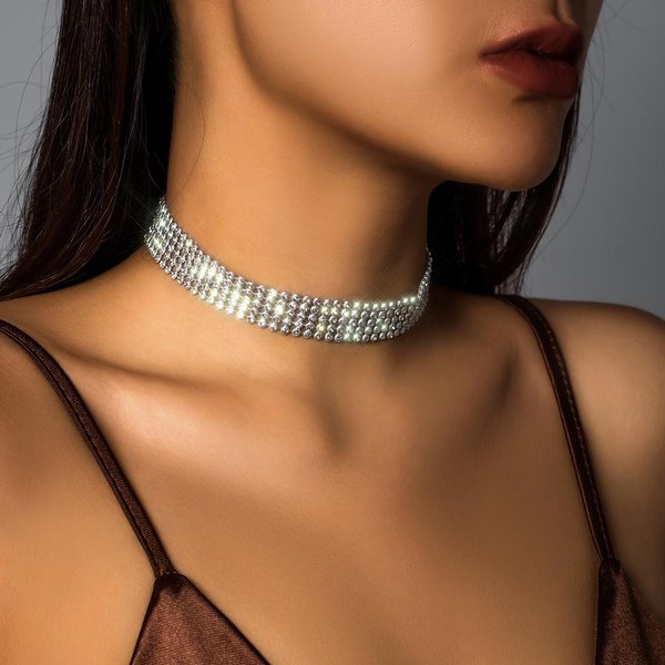 Ingemark BłYszcząCy Srebrny Kolor KryształOwy Naszyjnik Choker Dla Kobiet ŚLubny Goth ŁAńCuszek Na Obojczyk Z Cyrkoniami Elegancka BiżUteria Beige-image