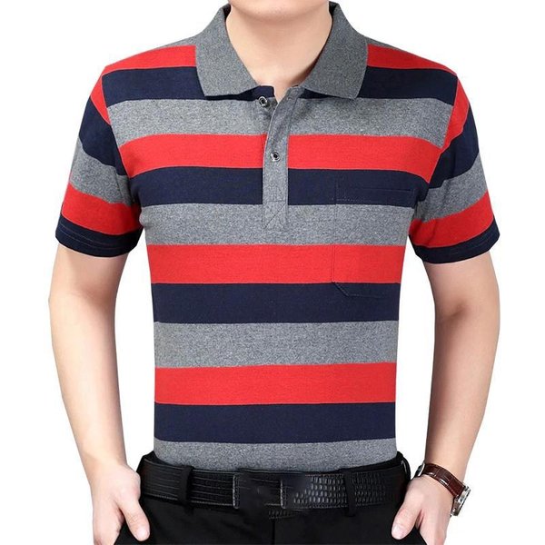Camiseta De Verano De Manga Corta Para Hombre Edad Media Rayada Conjunto De Papá Camisa De Solapa Camisa Holgada De Media Manga Con Bolsillos Reales L-image
