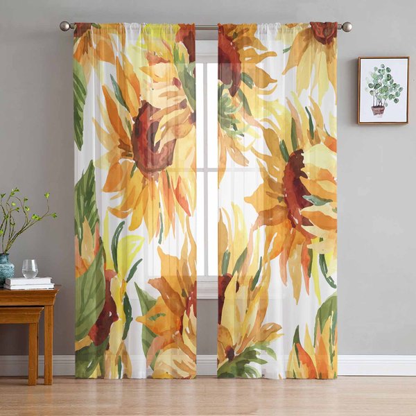 Plantas Acuarela Hierba Hojas Girasoles Cortinas De Dormitorio Tul Cortina Transparente Sala De Estar DecoracióN Del Hogar Cortinas Voile 135W X 114H(Cm) Beige-image