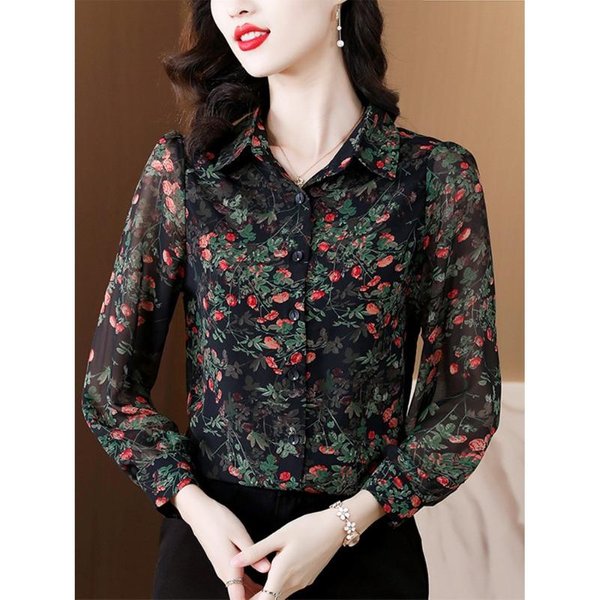 Nuevo Estilo Ropa De OtoñO Moderna Para Madre De Mediana Edad Camisa Floral De Manga Larga Temperamento Para Ir Al Trabajo Cuello Polo Top Holgado Para Mujer 3XL Black-image