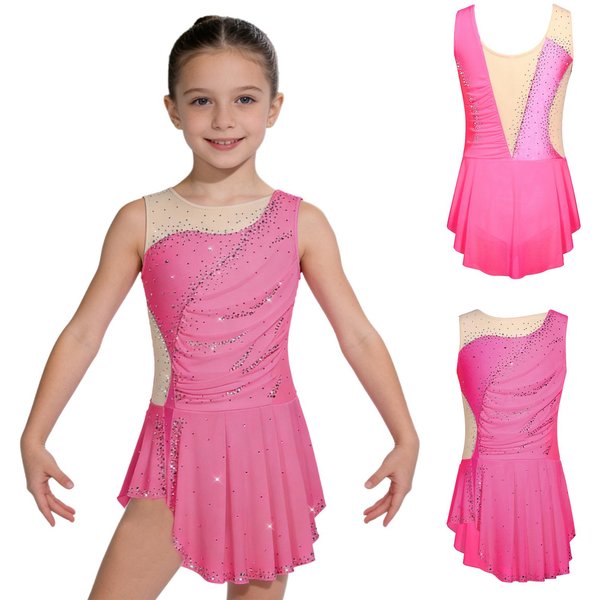 Maillot Gimnasia RíTmica Infantil Patinaje ArtíStico Ballet Danza LíRica Maillots Vestido Sin Mangas Fruncido Vestido Con PedreríA 13-14 Years De Rosa Caliente-image