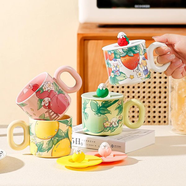 Taza De CeráMica PequeñA De Regalo Con Tapa Linda De Alto Valor Taza De Agua Set De Tazas De Cachorro De Dibujos Animados Taza Familiar NiñA 350ML-image