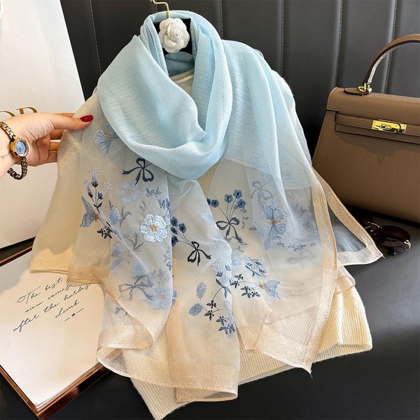 Bufanda Chal De Seda De Lujo Para Mujer DiseñO Bordado Flores PañUelos Hijab PañUelos De Cabeza Femeninos Fouloud Echarpe One Size Gray-image