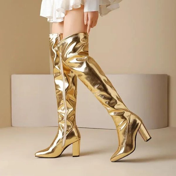Moda OtoñO Invierno Moda Tacones Altos Botas De Mujer Dorado Plateado SóLido Cremallera Sexy Por Encima De La Rodilla TacóN Cuadrado Botas Modernas Alto 9Cm 36 Oro-image