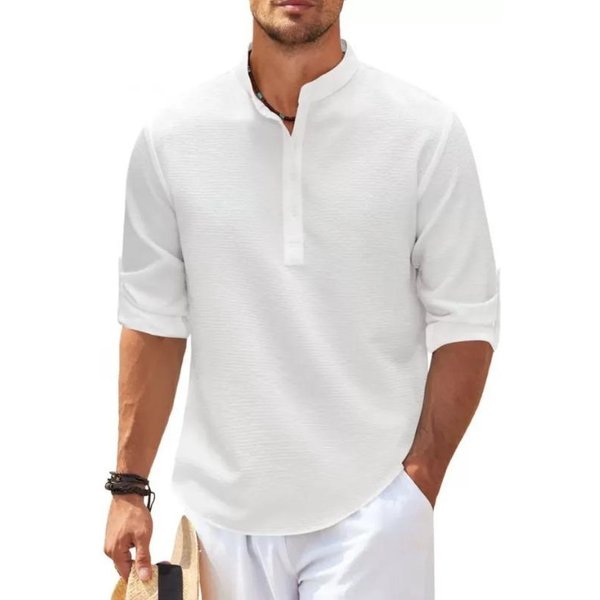 Camisas De Manga Larga De AlgodóN Y Lino Para Hombre, Primavera Y OtoñO, Color Liso, Cuello Alto, Estilo Playero Informal, Talla Grande 3XL White-image