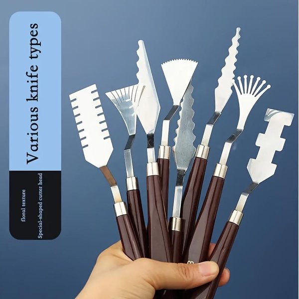 Set De EspáTulas Para Artista Con Mangos De Madera Grabados - Herramientas Duraderas De Acero Inoxidable Para Pintura Al ÓLeo Y AcríLico, Texturas Y DiseñOs VersáTiles-image