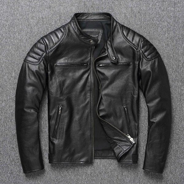 Nueva Chaqueta De Cuero 100% Vacuno Para Hombre Ropa De Capa Superior Ropa De Motocicleta Para Hombre Cuello Alto OtoñO Invierno Talla Grande Motocicleta L Negro-image