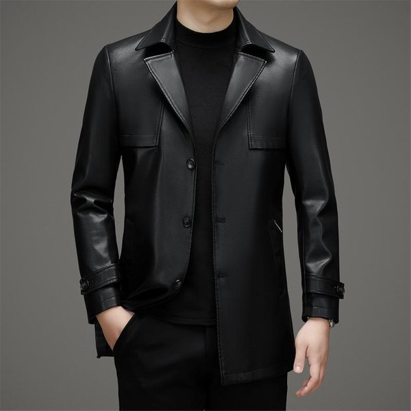 Chaqueta De Cuero Para Hombre De Mediana Edad, Talla Grande, Chaqueta Mediana Y Larga, Chaqueta De Cuero De Papá Con Solapa 4XL Black-image