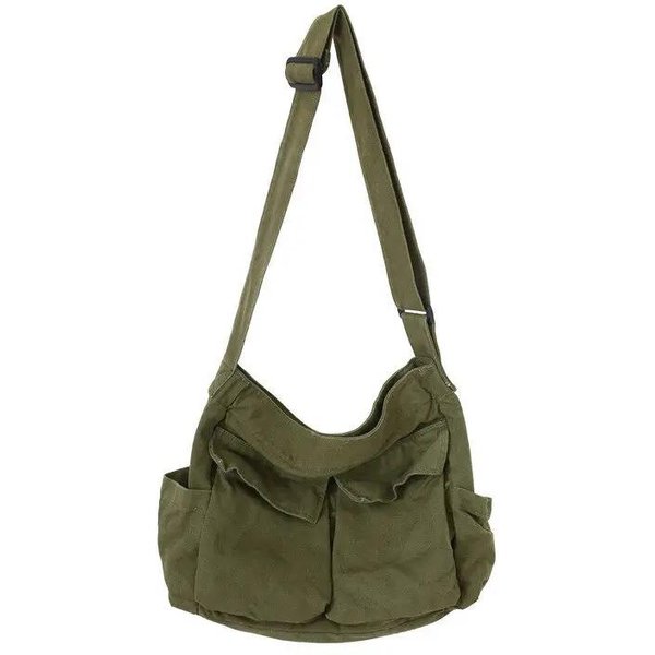 Bolso De Hombro De Lona Para Trabajo Gran Capacidad Bolso Bandolera Retro Bolso Bandolera Nuevo Para Estudiante De Clase Verde-image