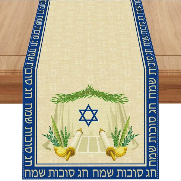 Feliz Sukkot Camino De Mesa De Lino DecoracióN De Mesa Festividad JudíA Reutilizable Sukkah Camino De Mesa Para Mesa De Cocina Y Comedor Decoraciones De Sukkot 150X33Cm-image