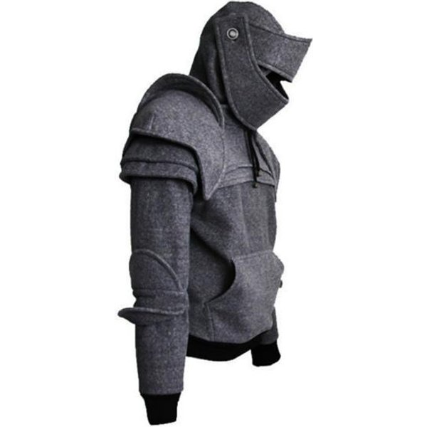 Jednokolorowa Bluza Z Kapturem Z Przednią Kieszenią W Stylu śRedniowiecznym OsłOna Na Twarz Z Kapturem MęSka Bluza Z Kapturem Odzież Na Halloween XL Szary-image