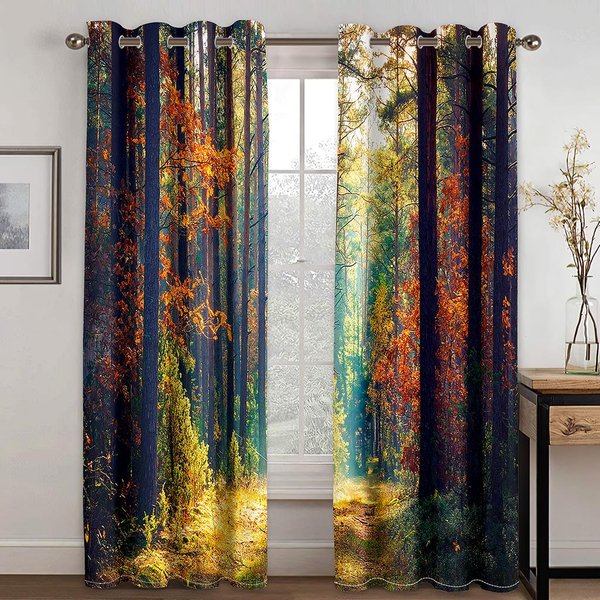 Cortinas Estampadas De Bosque Escenario De Naturaleza ÁRboles De La Selva Cortinas Para Ventana Sala De Estar Dormitorio Cascada Apertura Bipartida Izquierda Y Derecha W60H60(Cm)X2Pcs&Grommet Top-image