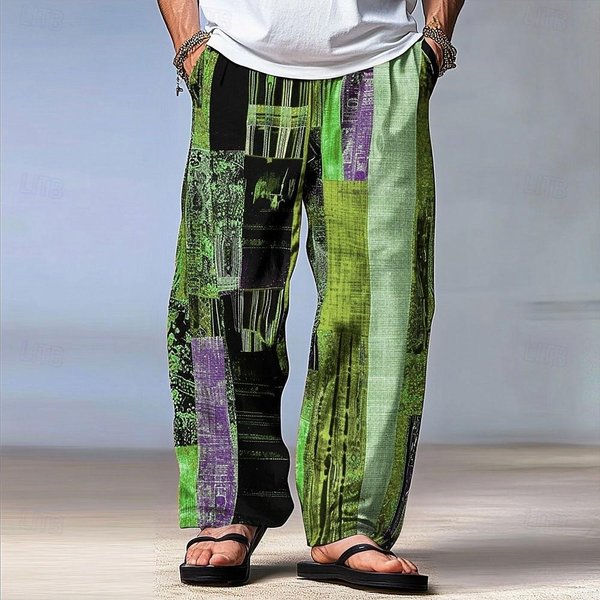 Pantalones De Hombre Con Bloques De Color Y Patchwork Cintura Media CordóN Cintura EláStica Hawaianos Casuales Exteriores Pierna Recta XL Gray-image