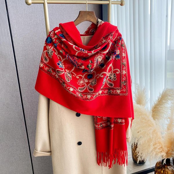 Luksusowy Zimowy Haftowany Szal Kaszmirowy Damski Design CiepłY Koc Pashmina Poncho Szaliki Damski Szal Gruby Foulard Bufanda-image