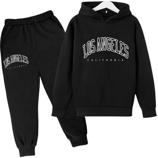 Conjunto De Sudadera Con Capucha Y Pantalones De CháNdal Para NiñO Con Estampado De Letras De Los ÁNgeles - Estilo Europeo/Americano 2023 130Cm Black-image