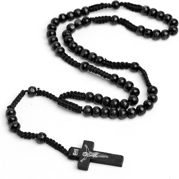 Collar De Cuentas De Madera CatóLico Para Mujer Colgante De Cruz Crucifijo Cadena De Cuerda Trenzada Collar Rosario JoyeríA Religiosa De OracióN Para Hombre-image