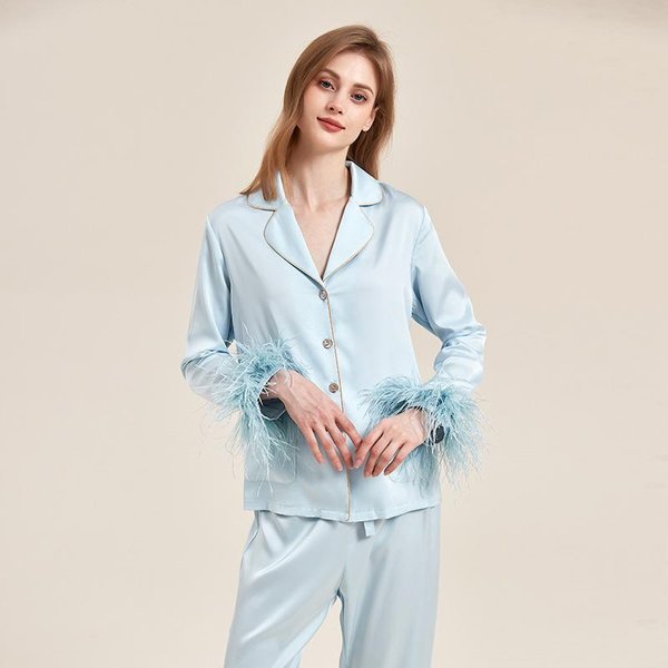 Conjunto De Pijama De SatéN De Plumas Para Mujer, Camisa De Alta Gama, CáRdigan, Pantalones, Ropa Para El Hogar, Pijama Casual Holgado, Ropa Para El Hogar M-image