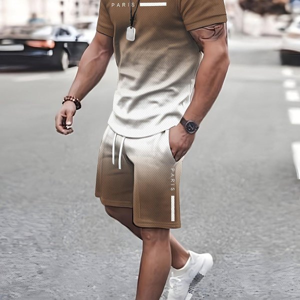Nowy 2-CzęśCiowy MęSki Modny Letni Zestaw Ubrań Resortowych MęSki T-Shirt Z KróTkim RęKawem Z Nadrukiem Gradientowym I Szorty Ze Sznurkiem W Kieszeni 5XL-image