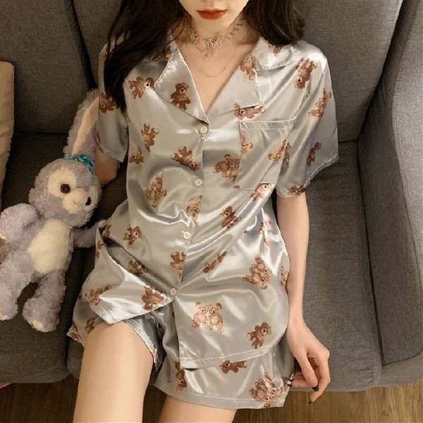 Verano Nuevo Damas Dulce SatéN Seda Estampado Floral Conjunto De Pijama Manga Corta+Pantalones Mujer Seda De Hielo Lindo Ropa De Casa Casual XXL-image