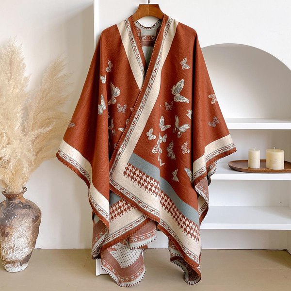 Echarpe De Cachemira CáLido De Invierno A La Moda - Pashmina Estampada Con Pintura Al ÓLeo Floral Para Mujer, Bufanda Gruesa, Poncho Y Echarpe Brown-image